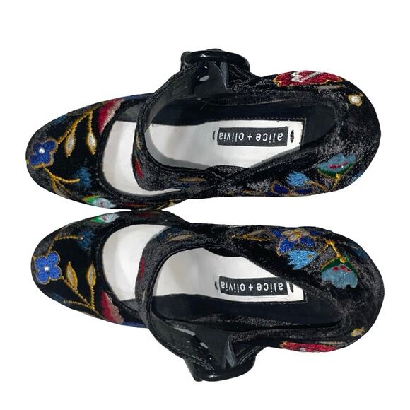 Alice + Olivia Black Velvet Floral Embroidered Platform Heels    Size: 38M US 8 - Picture 5 of 8